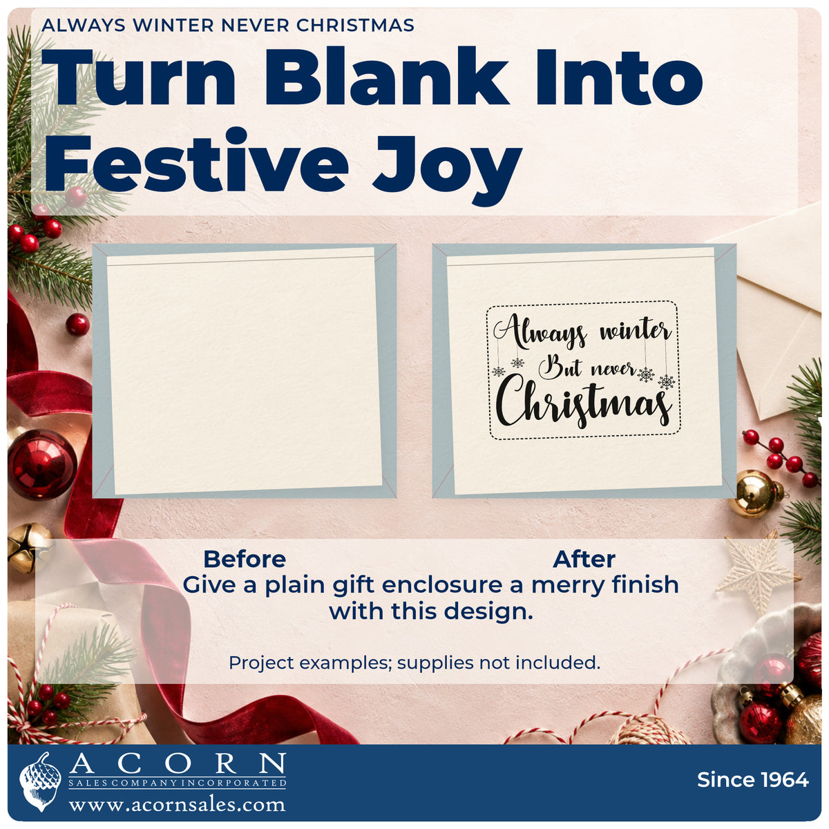 Before and after of a plain item finished with the Always Winter Never Christmas Stamp – Premium Vintage Pro Wooden, a quick upgrade for framed library nook.