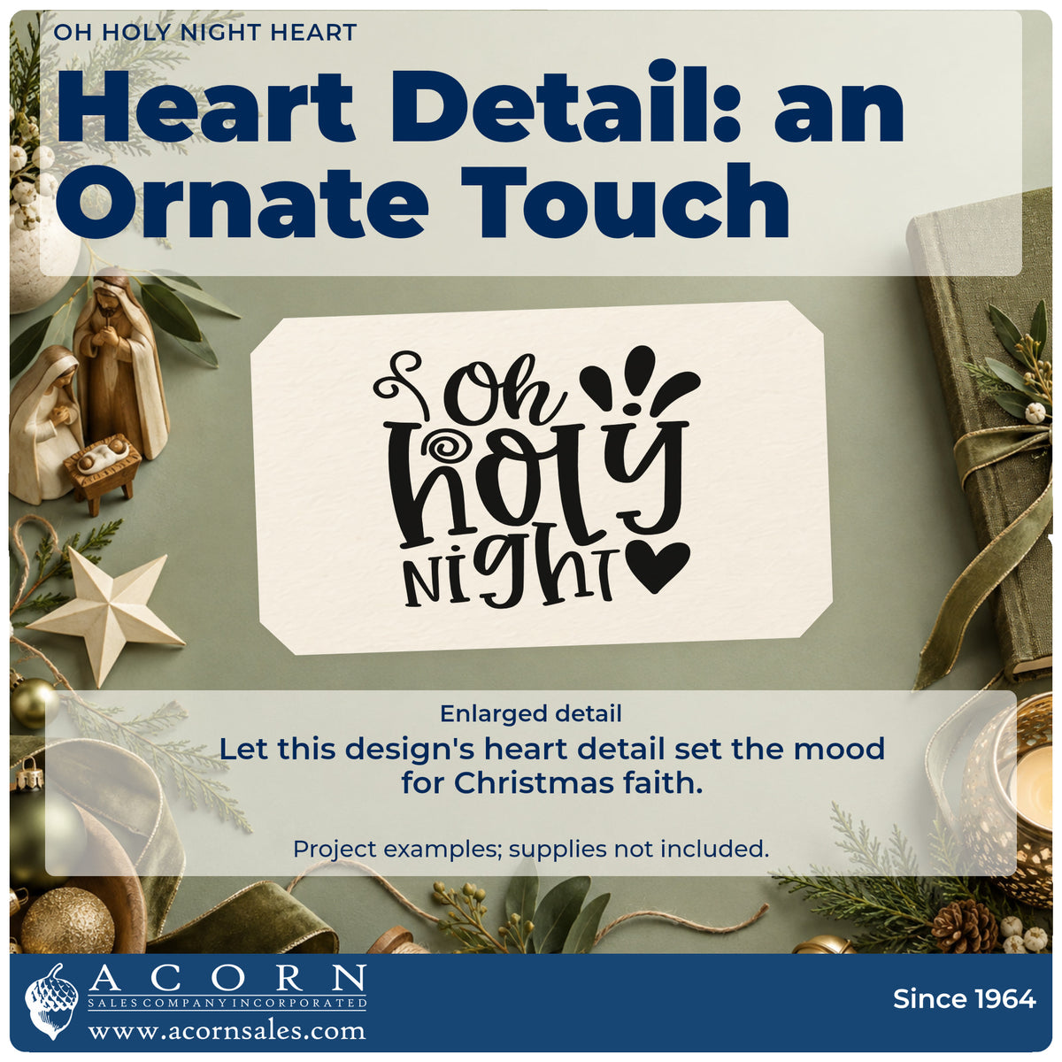 Enlarged detail of the Vintage Pro Oh Holy Night Heart Premium Wooden Stamp imprint. “Oh Holy Night” appears in ornate bold lettering with accent rays and a solid heart.