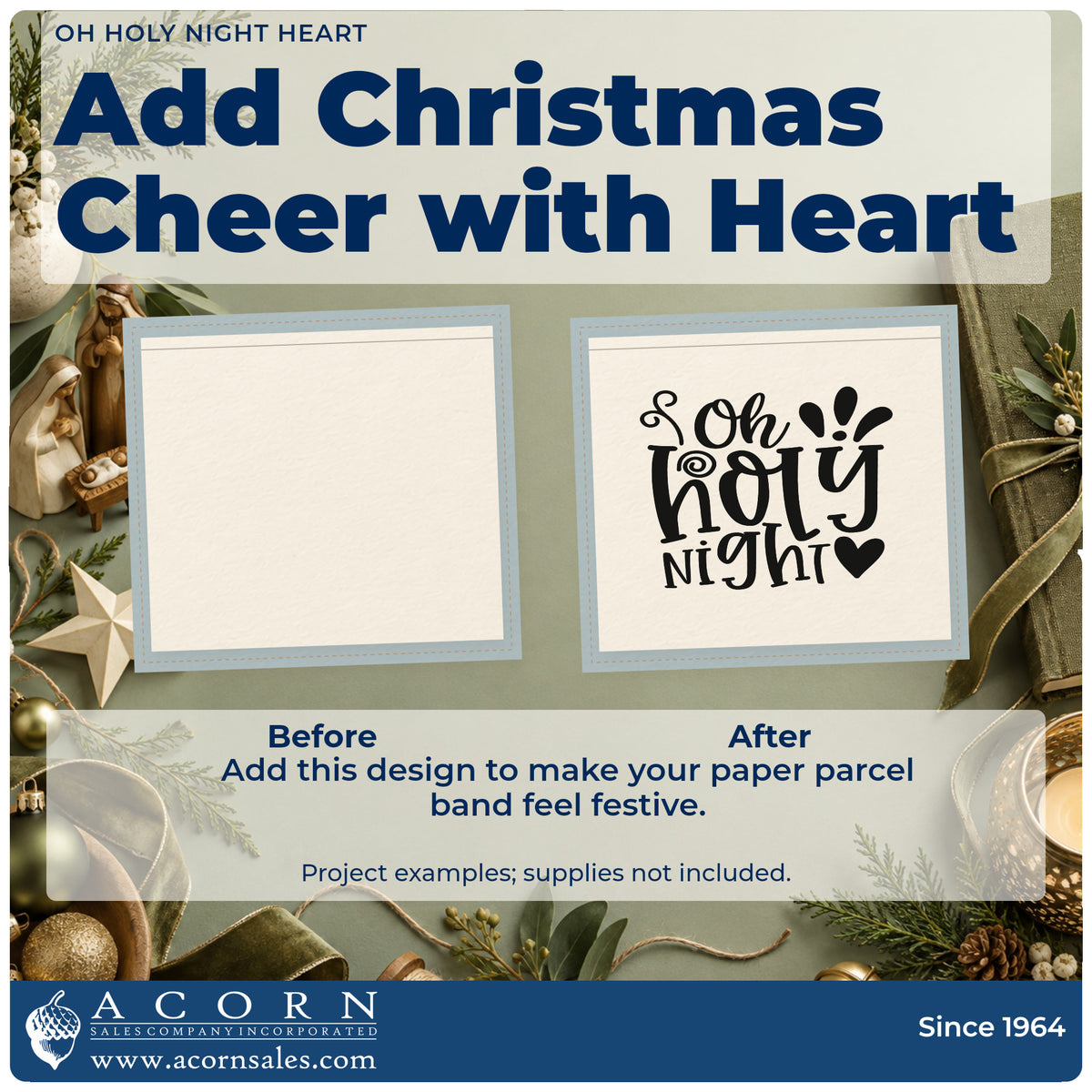 Before and after of a plain item finished with the Vintage Pro Oh Holy Night Heart Premium Wooden Stamp, a quick upgrade for choir sash printing.