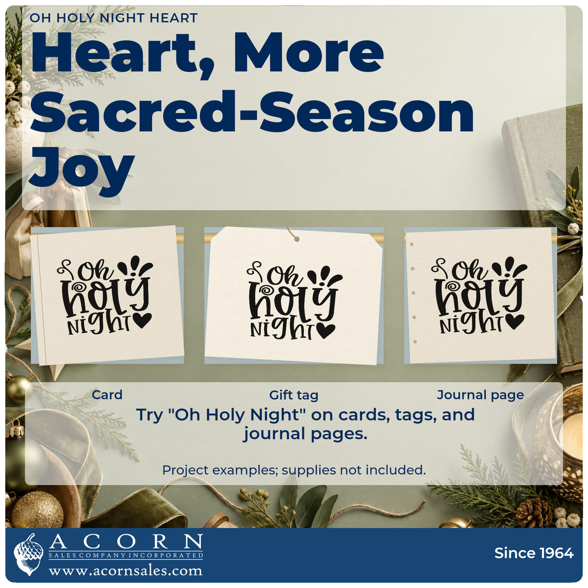 Three project examples made with the Vintage Pro Oh Holy Night Heart Premium Wooden Stamp, including hymnal gift tags.