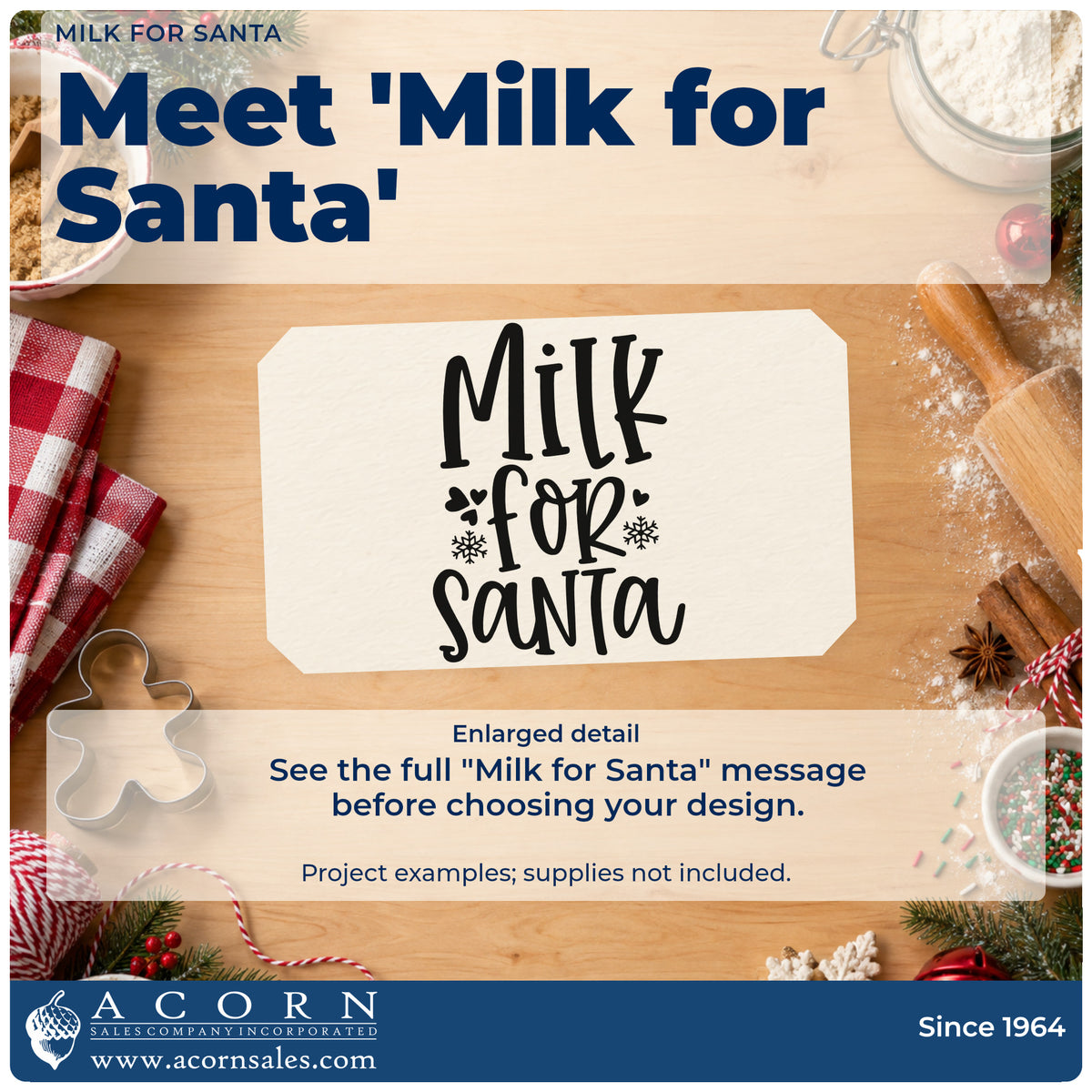 Enlarged detail of the Milk For Santa Rubber Stamp – Duo Hand imprint. “Milk for Santa” appears in tall playful letters with hearts and snowflakes.