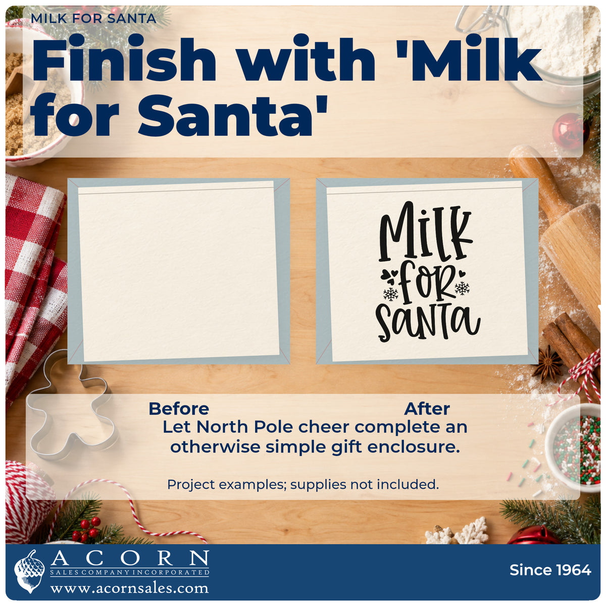 Before and after of a plain item finished with the Milk For Santa Rubber Stamp – Duo Hand, a quick upgrade for framed fridge door.