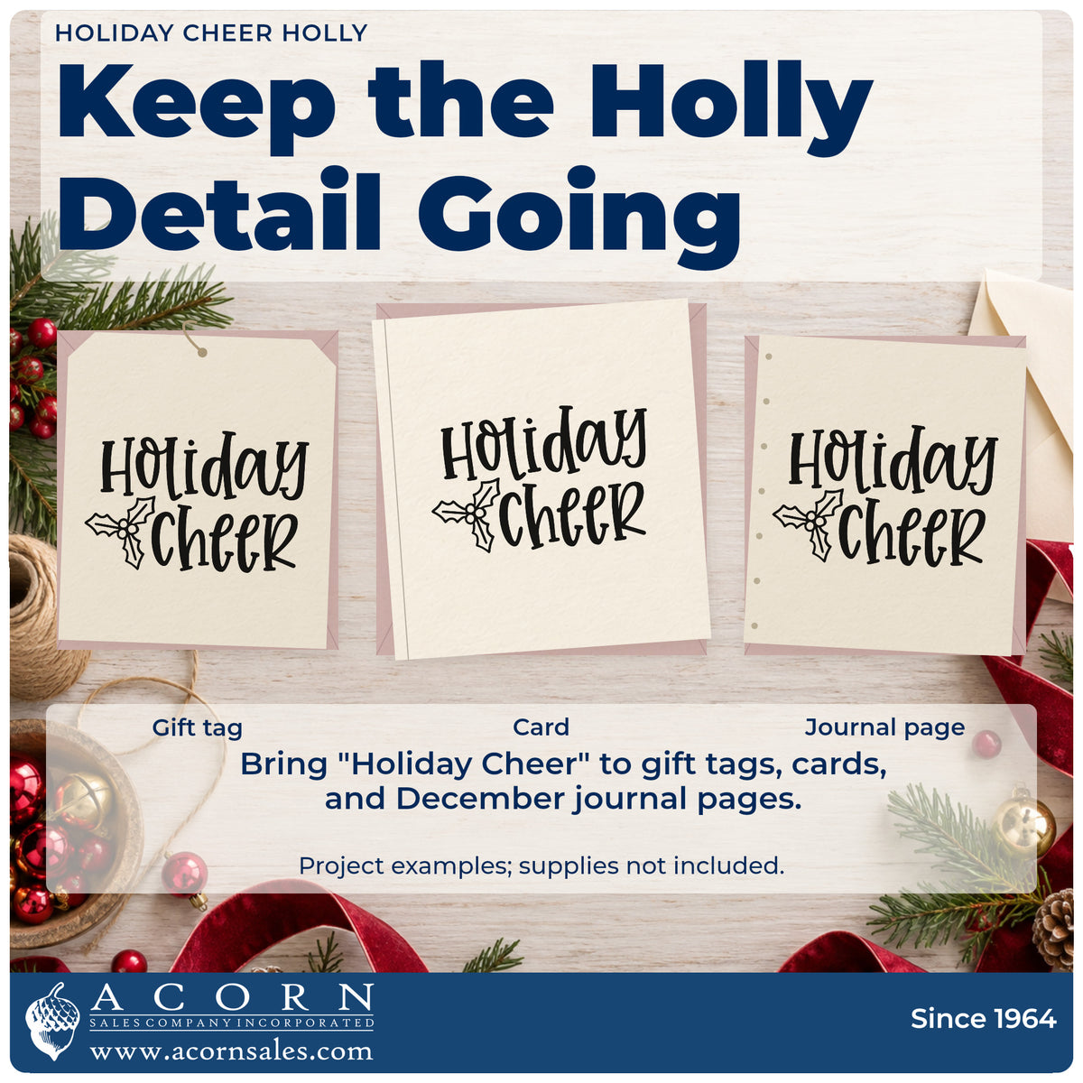 Three project examples made with the Holiday Cheer Holly Outline Detail Hand Stamp – Duo, including order intake sheet.
