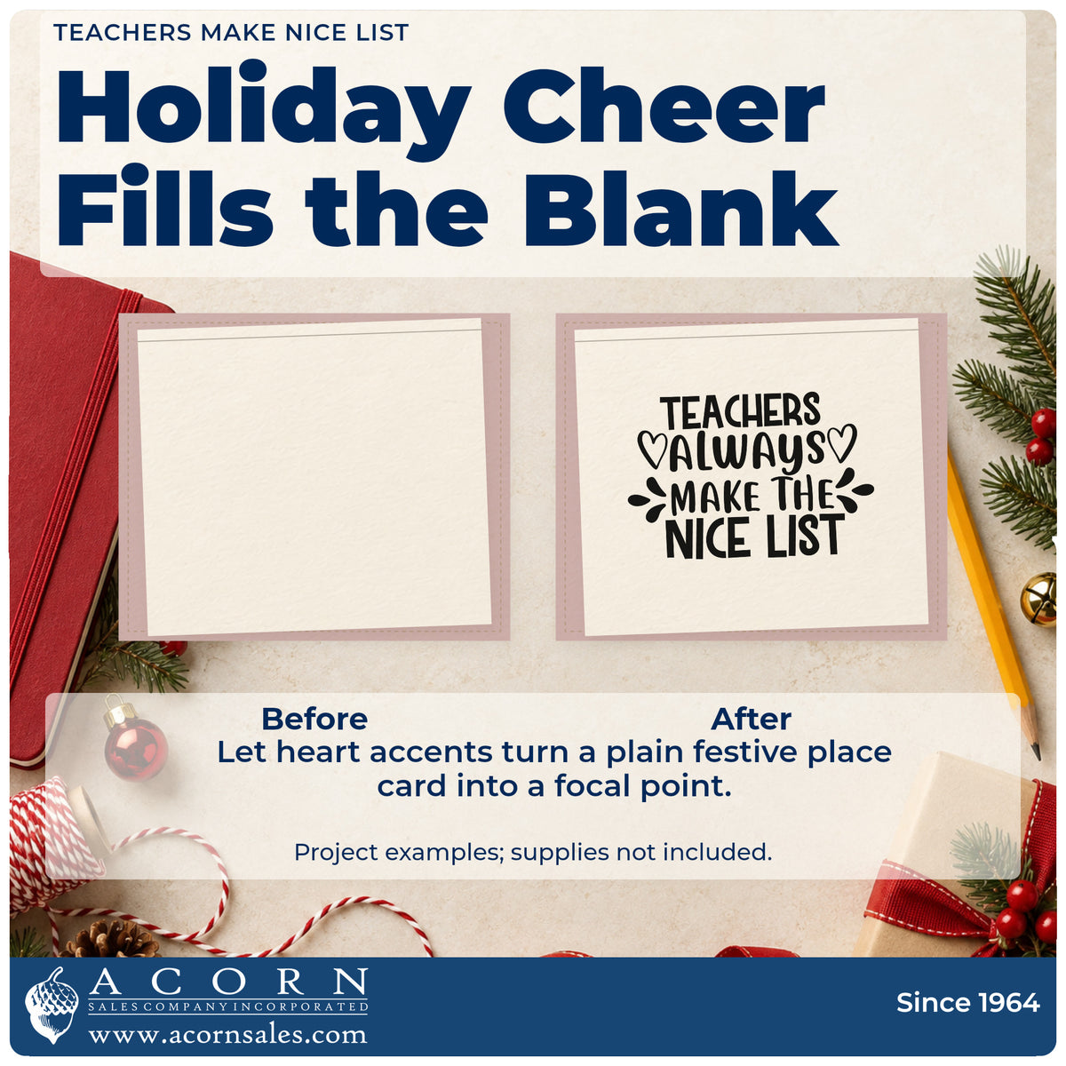 Before and after of a plain item finished with the Teachers Always Make The Nice List Self-Inking Stamp, a quick upgrade for framed desk corner.