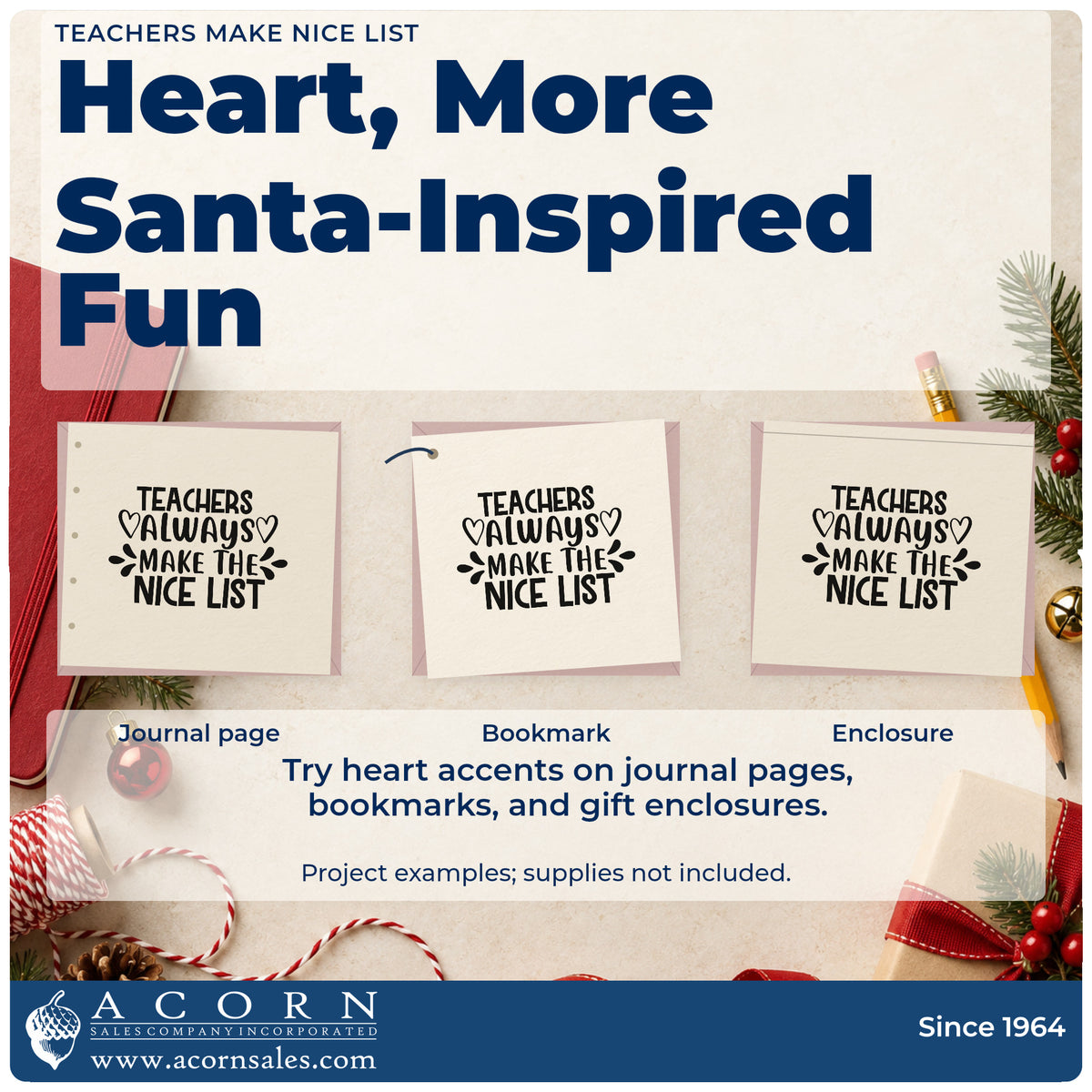 Three project examples made with the Teachers Always Make The Nice List Rubber Stamp – Duo Hand, including supply wish sheet.