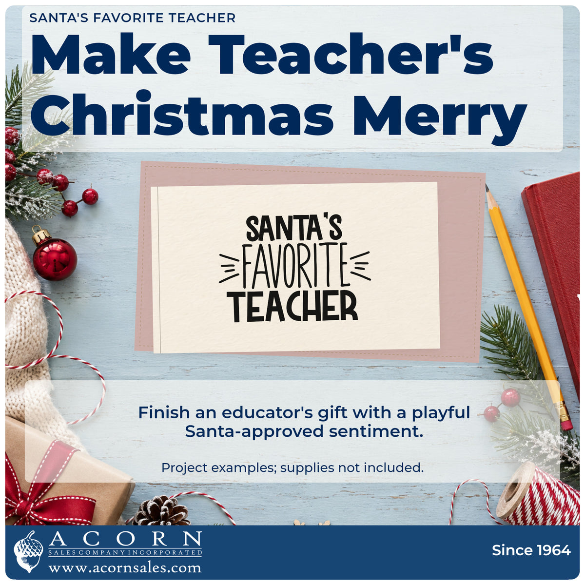 A finished handmade project stamped with the Pre-Inked Santa's Favorite Teacher Block Lettering Stamp – PSI, ideal for award album page.