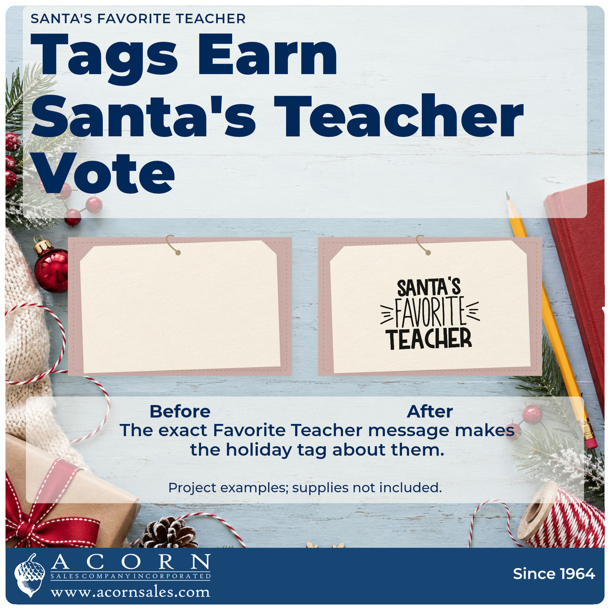 Before and after of a plain item finished with the Pre-Inked Santa's Favorite Teacher Block Lettering Stamp – PSI, a quick upgrade for framed staff wall.