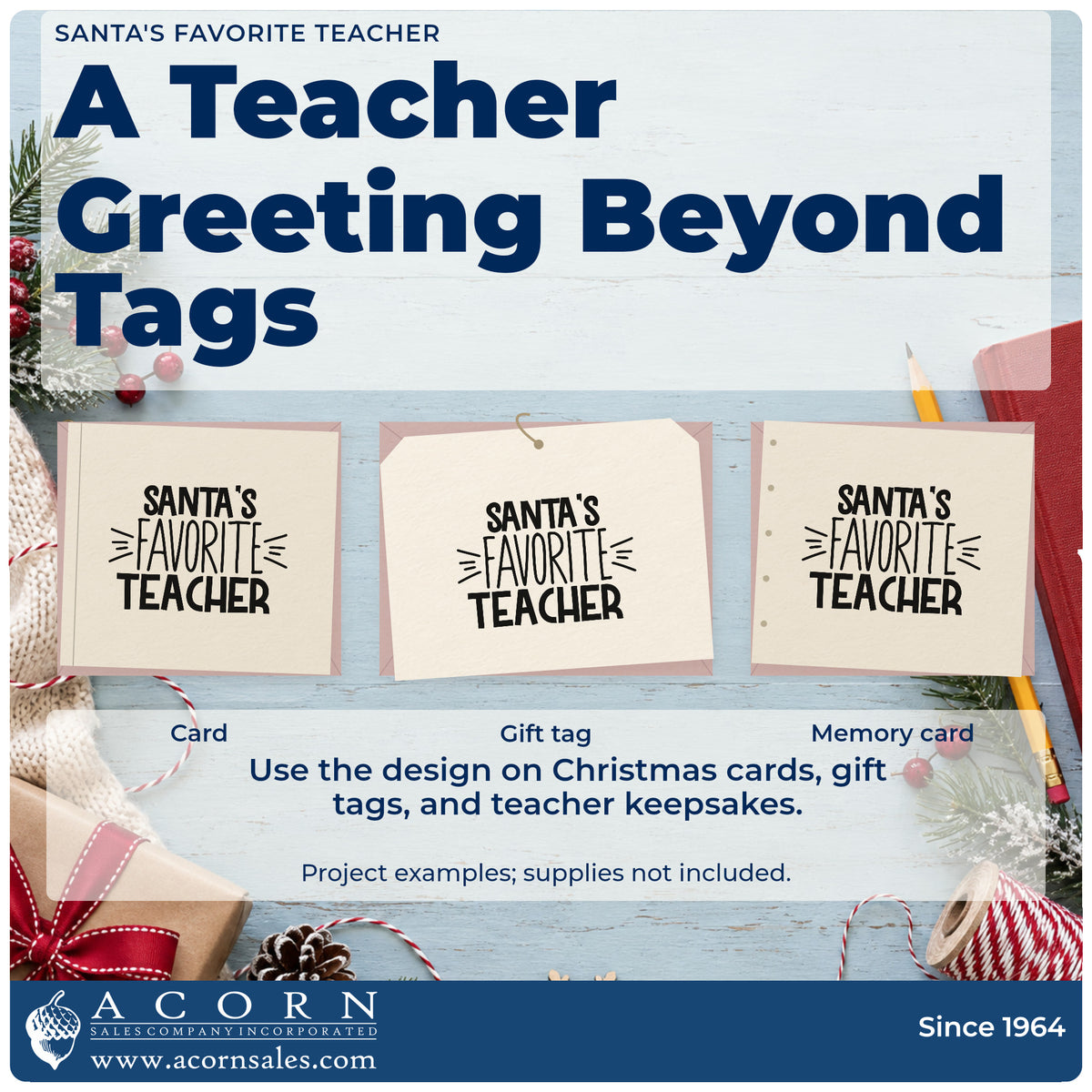 Three project examples made with the Santa's Favorite Teacher Block Lettering Hand Stamp – Duo, including nomination sheet.