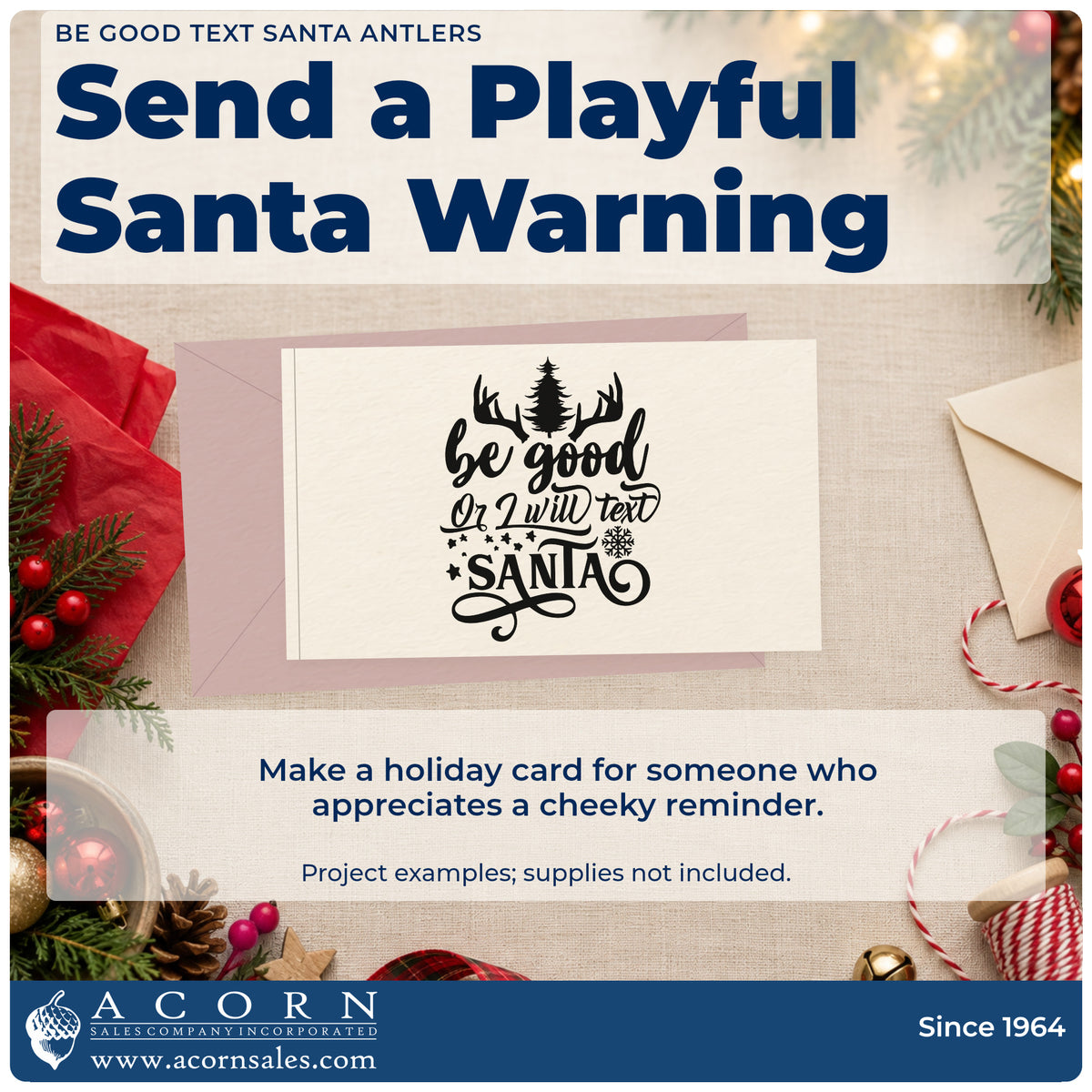 A finished handmade project stamped with the Be Good Text Santa Antlers Premium Wooden Stamp – Vintage Pro, ideal for behavior album page.