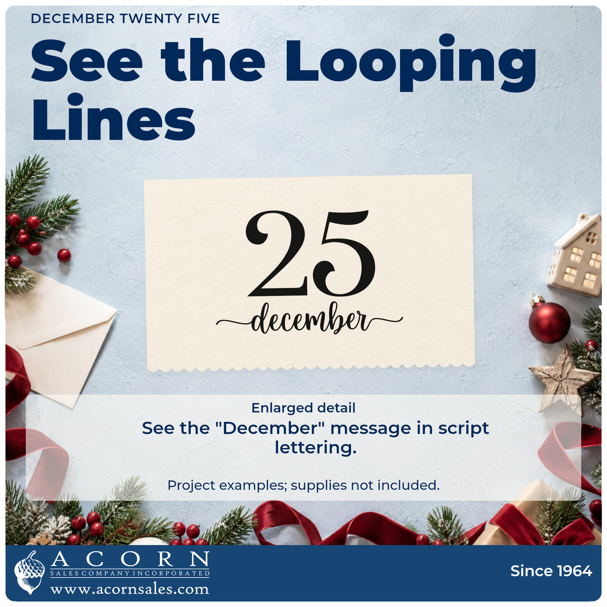 Enlarged detail of the December Twenty Five Self-Inking Craft Stamp imprint. Large serif numerals “25” sit above script “December” with extended flourishes.