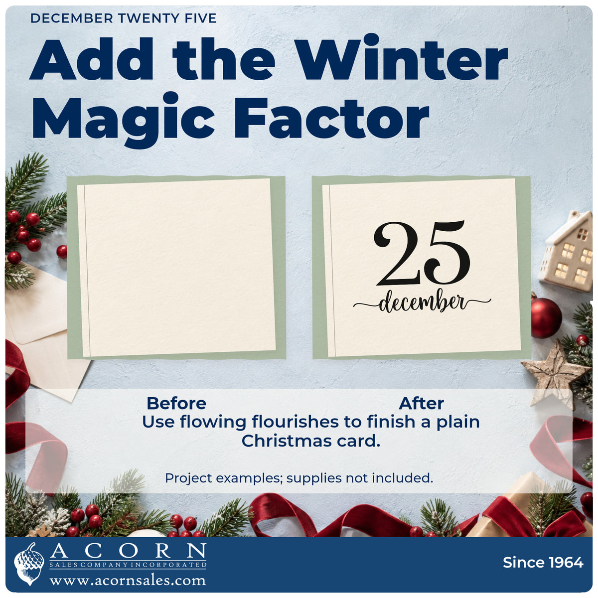 Before and after of a plain item finished with the December Twenty Five Self-Inking Craft Stamp, a quick upgrade for framed numeral print.