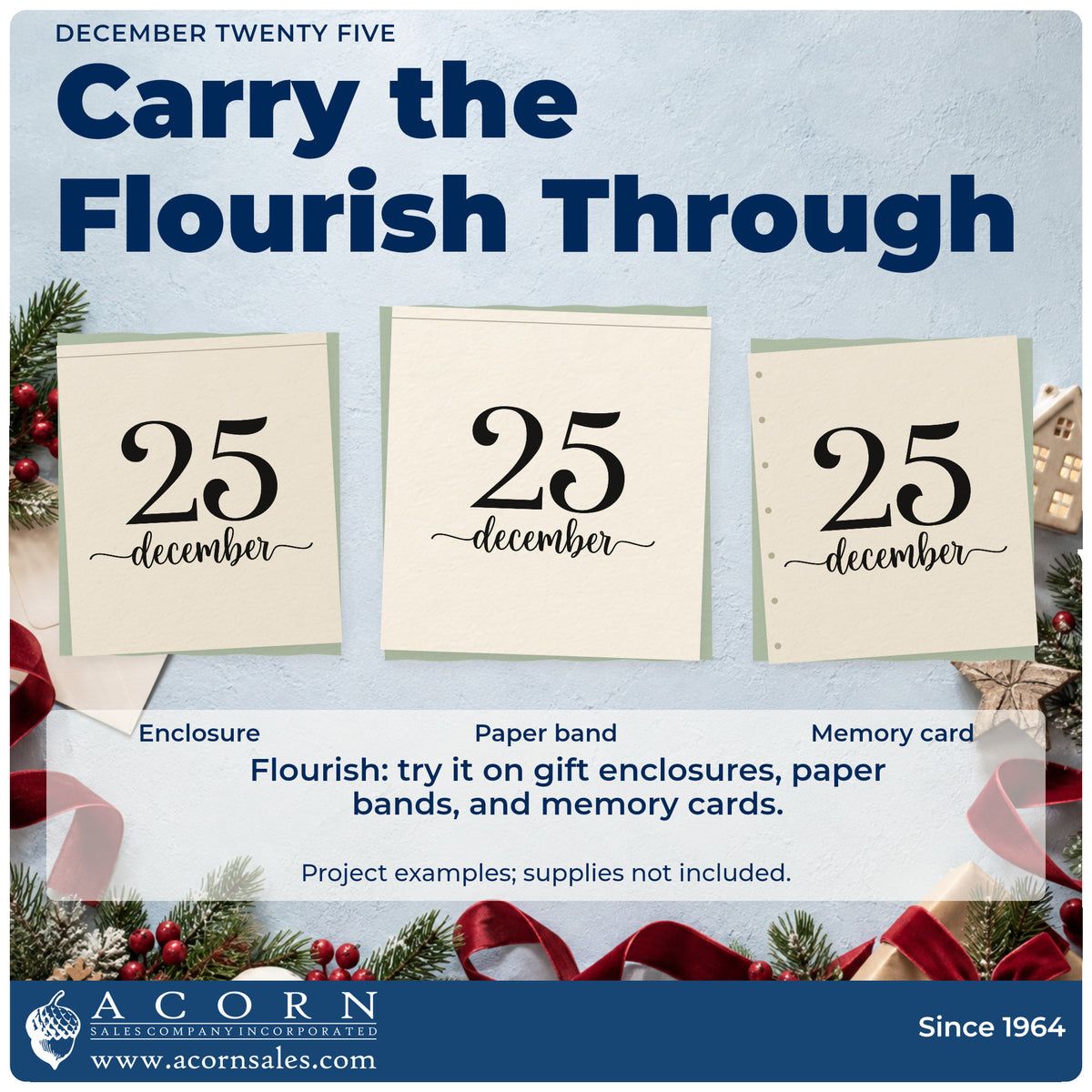 Three project examples made with the December Twenty Five Self-Inking Craft Stamp, including anniversary log sheet.