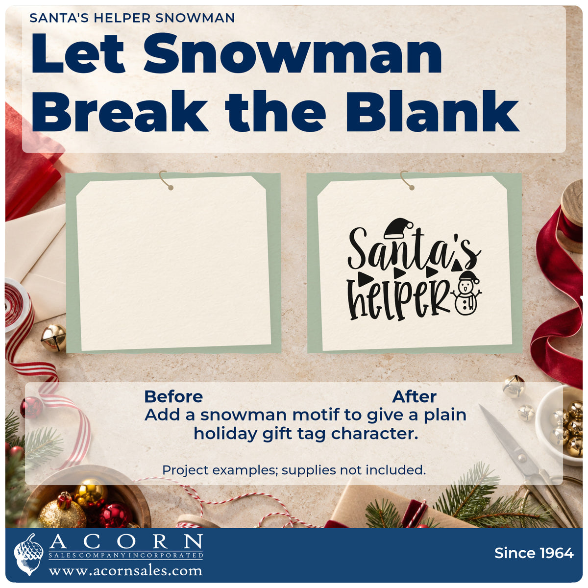 Before and after of a plain item finished with the Santa's Helper Snowman Hat Hand Stamp – Duo, a quick upgrade for framed angular mat.