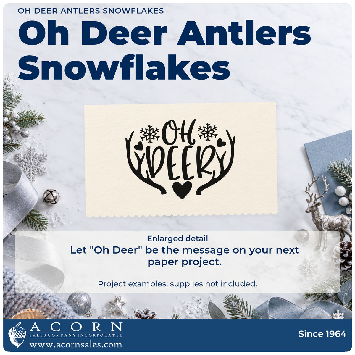 Enlarged detail of the Oh Deer Antlers Snowflakes Premium Wooden Stamp – Vintage Pro imprint. “Oh Deer” is framed by antlers with snowflakes and hearts.