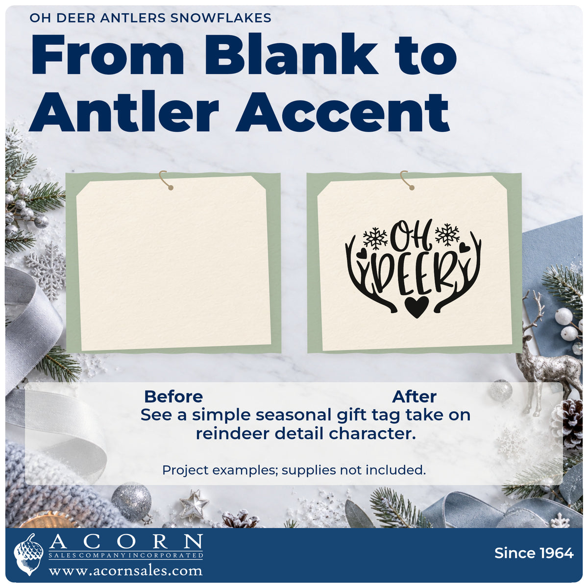 Before and after of a plain item finished with the Oh Deer Antlers Snowflakes Premium Wooden Stamp – Vintage Pro, a quick upgrade for swaddle corner printing.