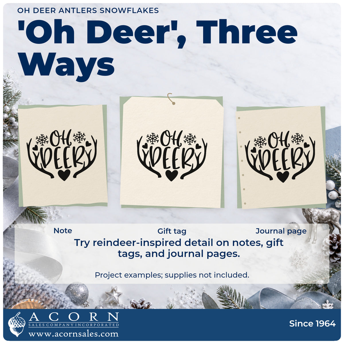 Three project examples made with the Self-Inking Oh Deer Antlers Snowflakes Stamp, including plush deer gift tags.