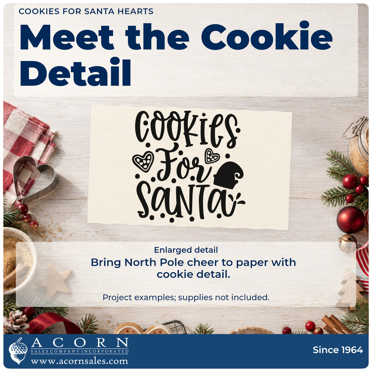 Enlarged detail of the Cookies For Santa Hearts Premium Wood-Mounted Stamp – Vintage Pro imprint. “Cookies for Santa” features decorated heart cookies, a Santa hat, and dots.