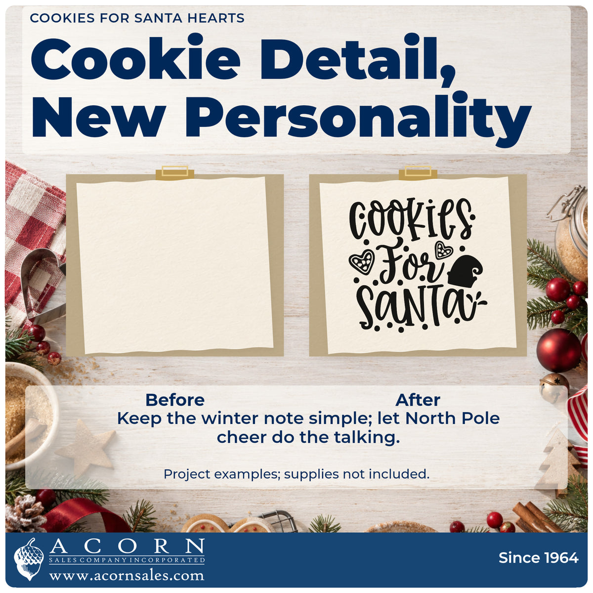 Before and after of a plain item finished with the Cookies For Santa Hearts Wood Handle Stamp, a quick upgrade for framed decorating nook.