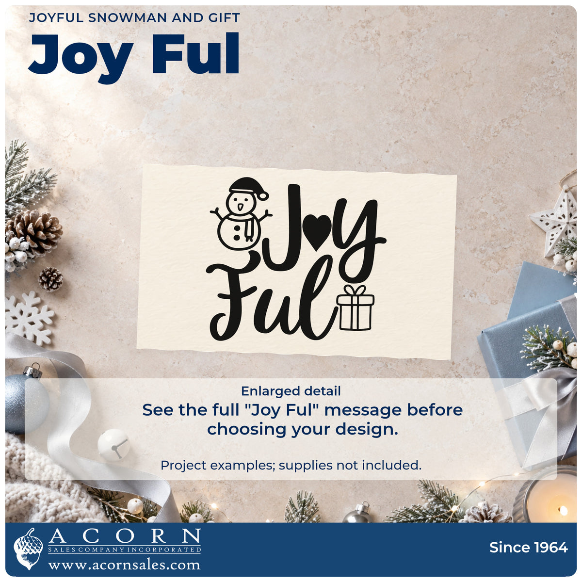 Enlarged detail of the Joyful Snowman And Gift Rubber Stamp – Duo Hand imprint. “Joy Ful” features a heart replacing the O, a smiling snowman, and a gift.