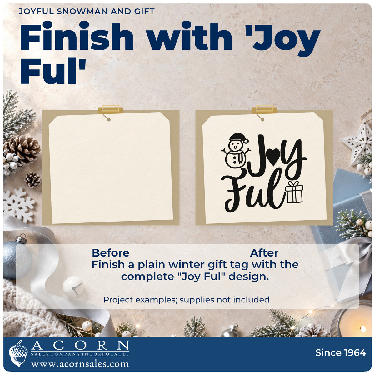 Before and after of a plain item finished with the Joyful Snowman And Gift Wood Handle Stamp, a quick upgrade for framed playful pair.