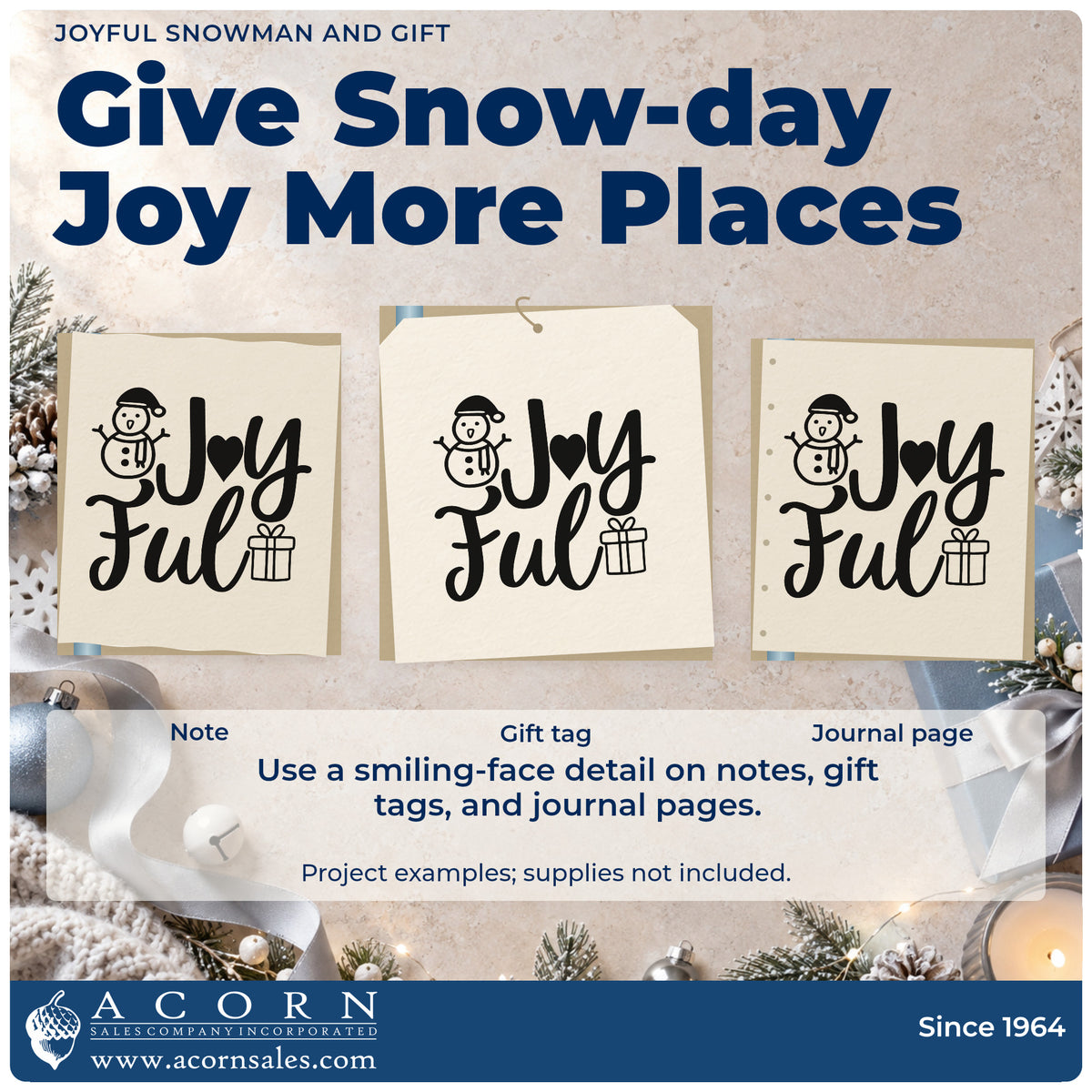 Three project examples made with the Joyful Snowman And Gift Pre-Inked Stamp – PSI, including rebus puzzle sheet.