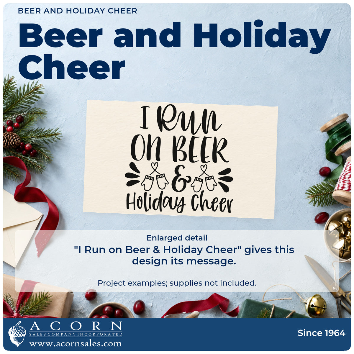 Enlarged detail of the Pre-Inked Beer And Holiday Cheer Stamp – PSI imprint. “I Run on Beer & Holiday Cheer” appears with paired mittens, hearts, and decorative strokes.