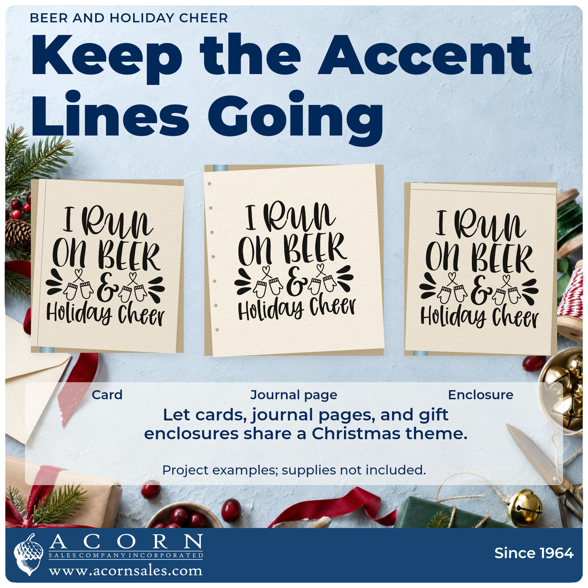 Three project examples made with the Beer And Holiday Cheer Stamp – Premium Vintage Pro Wooden, including brew log sheet.