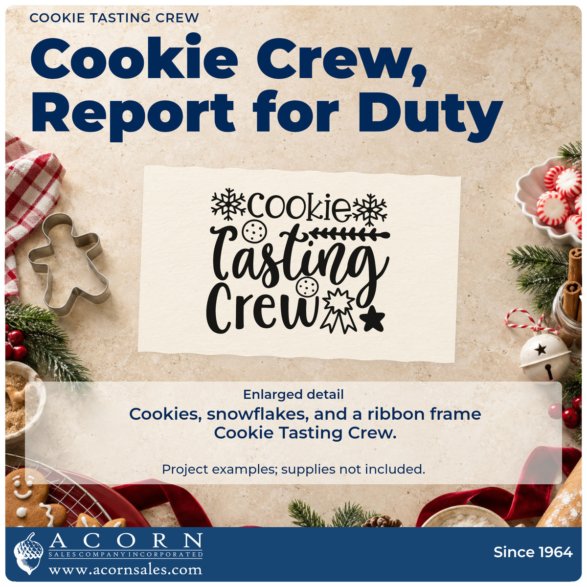 Enlarged detail of the Cookie Tasting Crew Rubber Stamp – Duo Hand imprint. “Cookie Tasting Crew” features cookies, snowflakes, stars, and a ribbon-like ornament.