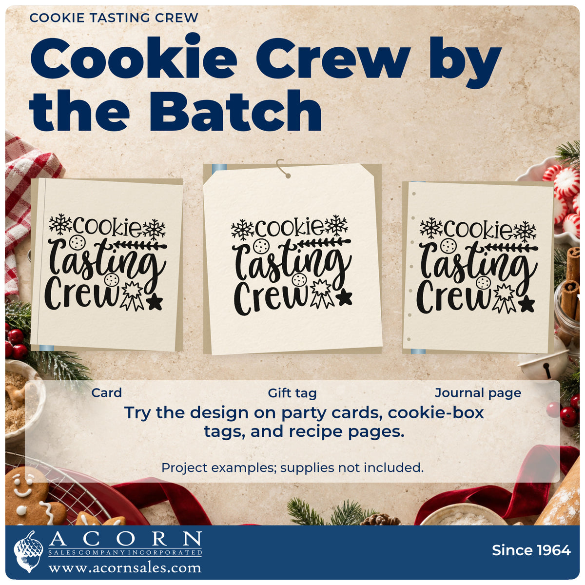 Three project examples made with the Vintage Pro Cookie Tasting Crew Premium Wooden Stamp, including score rating sheet.