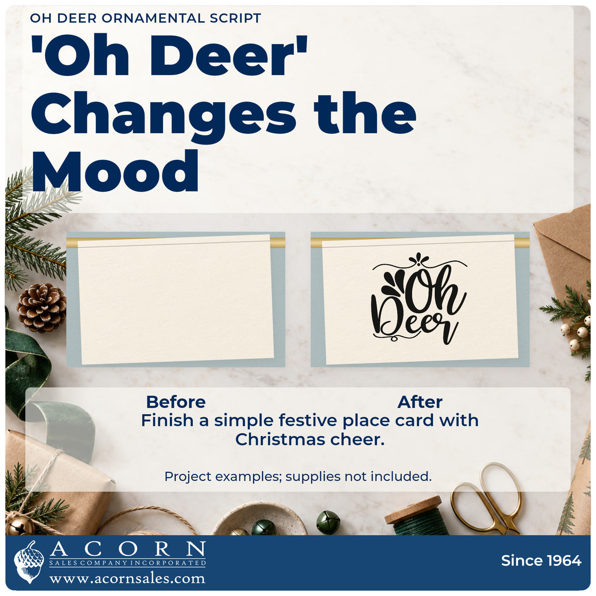 Before and after of a plain item finished with the Oh Deer Ornamental Script Lettering Slim Pre-Inked Stamp, a quick upgrade for framed statement wall.