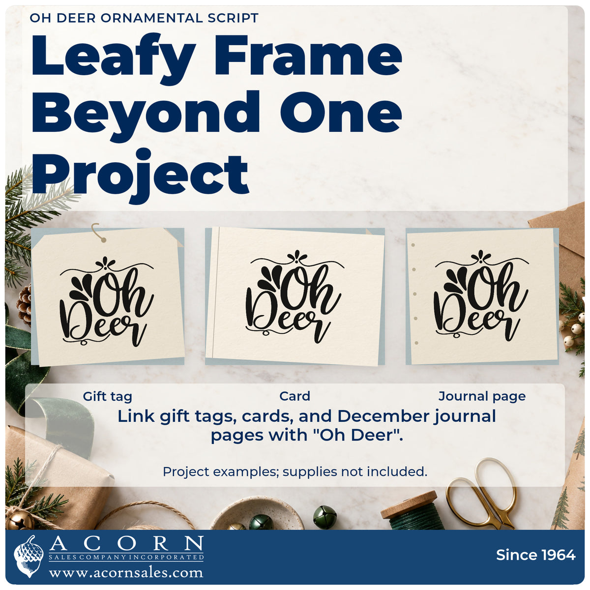 Three project examples made with the Oh Deer Ornamental Script Lettering Rubber Stamp – Wood Handle, including cover page header.