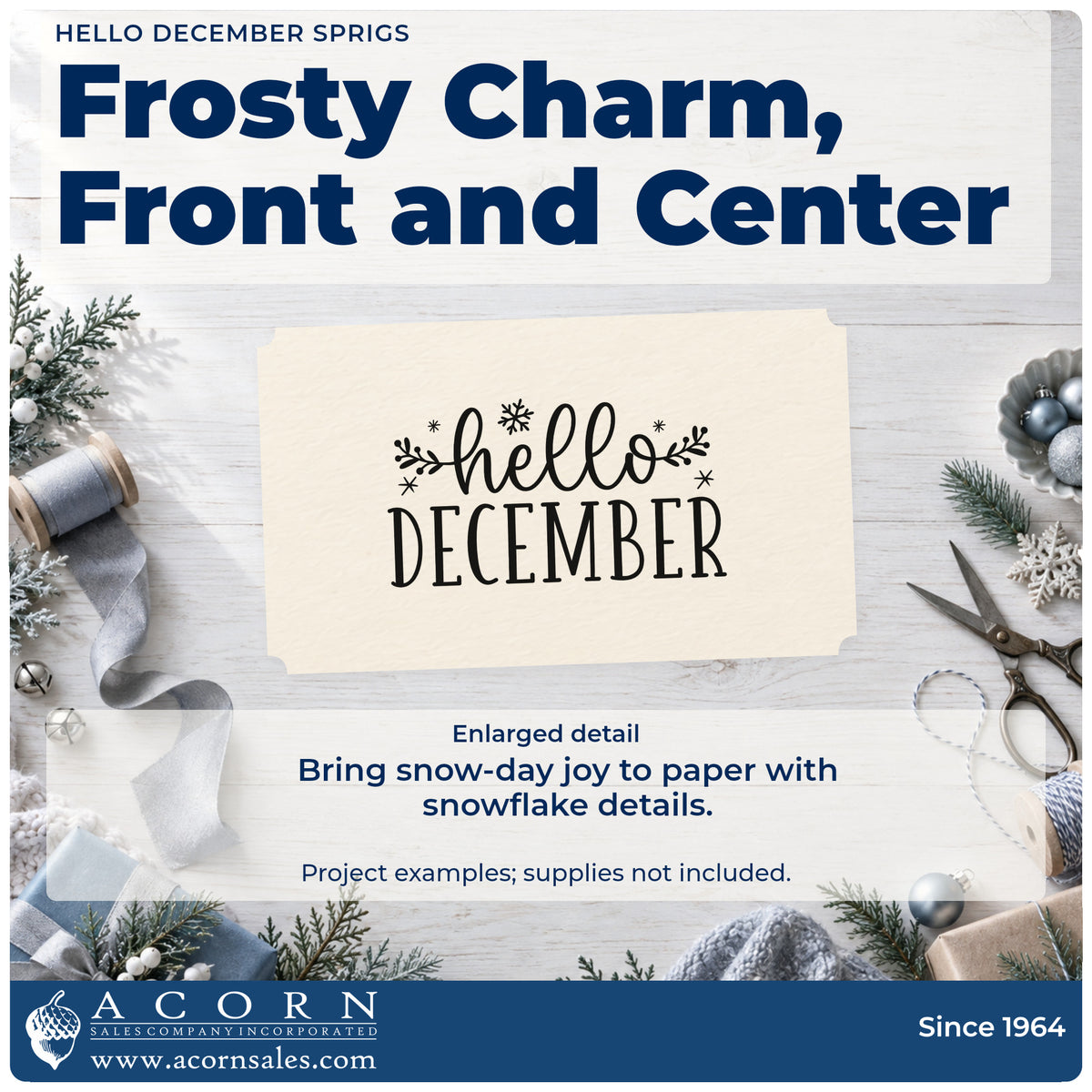 Enlarged detail of the Hello December Sprigs Leaf Accents Stamp – Premium Vintage Pro Wooden imprint. Script “Hello” sits above serif “December” with leafy sprigs, stars, and a snowflake.