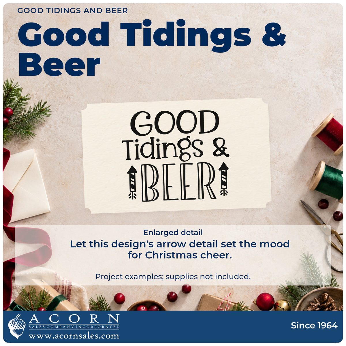 Enlarged detail of the Wood Handle Good Tidings & Beer Arrow Rubber Stamp imprint. “Good Tidings & Beer” appears with two striped upward-pointing decorative arrows.