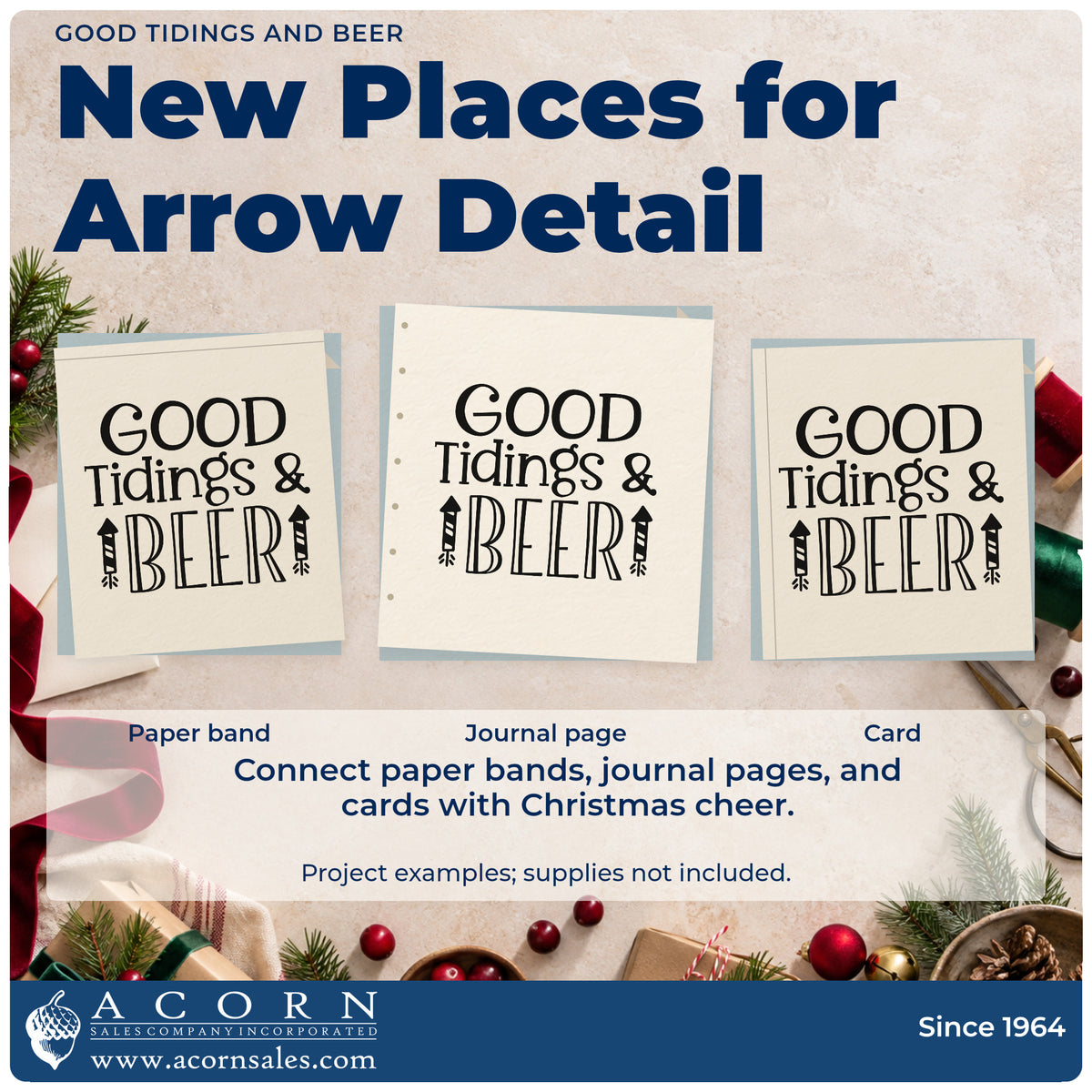 Three project examples made with the Wood Handle Good Tidings & Beer Arrow Rubber Stamp, including fermentation sheet.