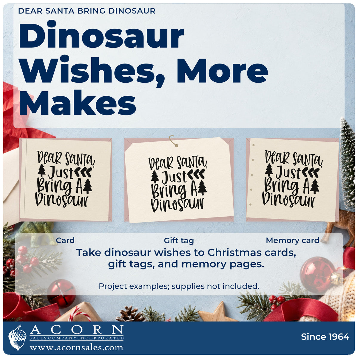 Three project examples made with the Dear Santa Just Bring A Dinosaur Premium Wooden Stamp – Vintage Pro, including wish letter sheet.