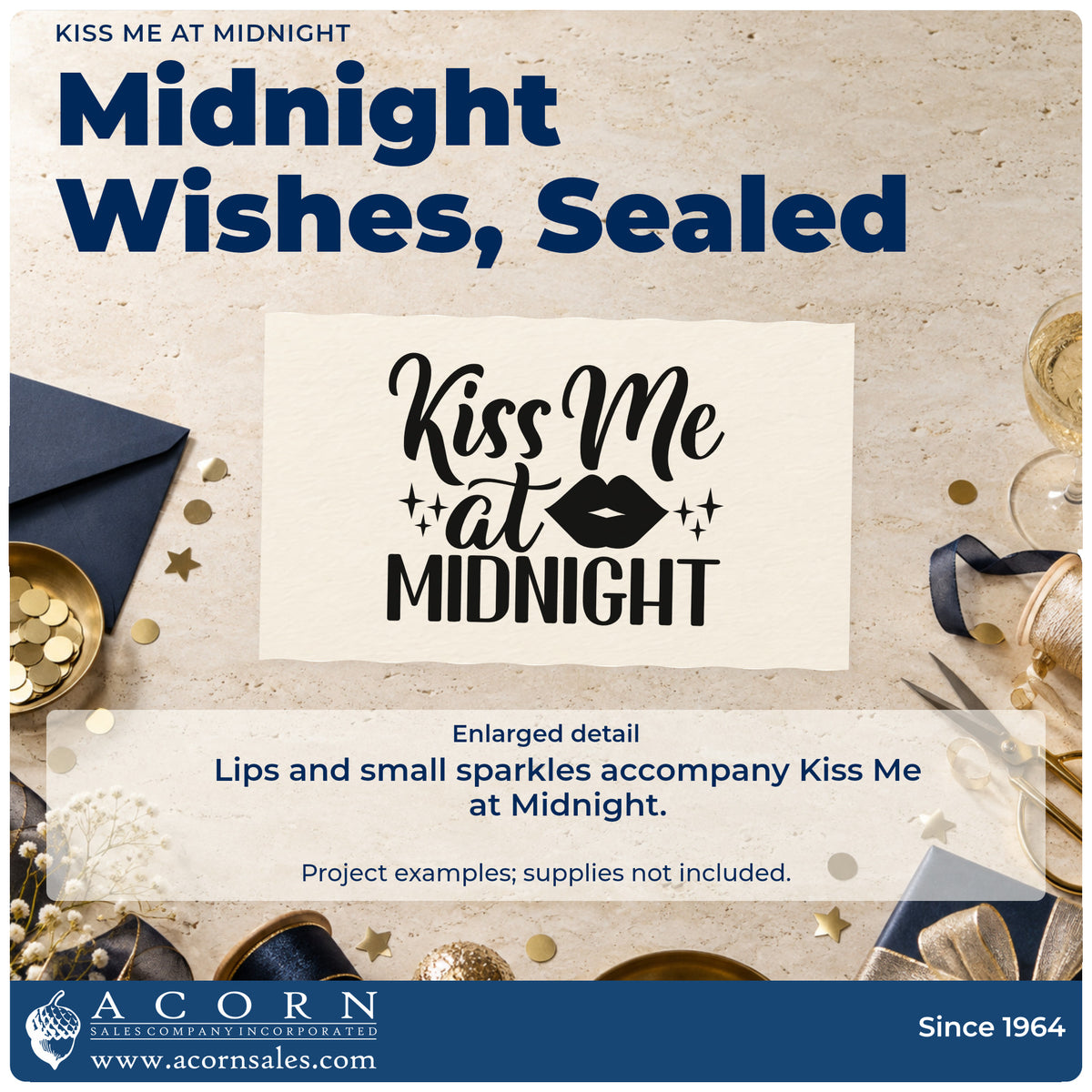 Enlarged detail of the Kiss Me At Midnight With Sparkles Stamp – Premium Vintage Pro Wooden imprint. “Kiss Me at Midnight” features a pair of lips and small sparkles.
