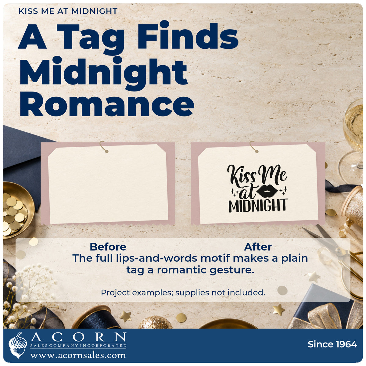 Before and after of a plain item finished with the Kiss Me At Midnight With Sparkles Stamp – Self-Inking, a quick upgrade for clutch panel printing.