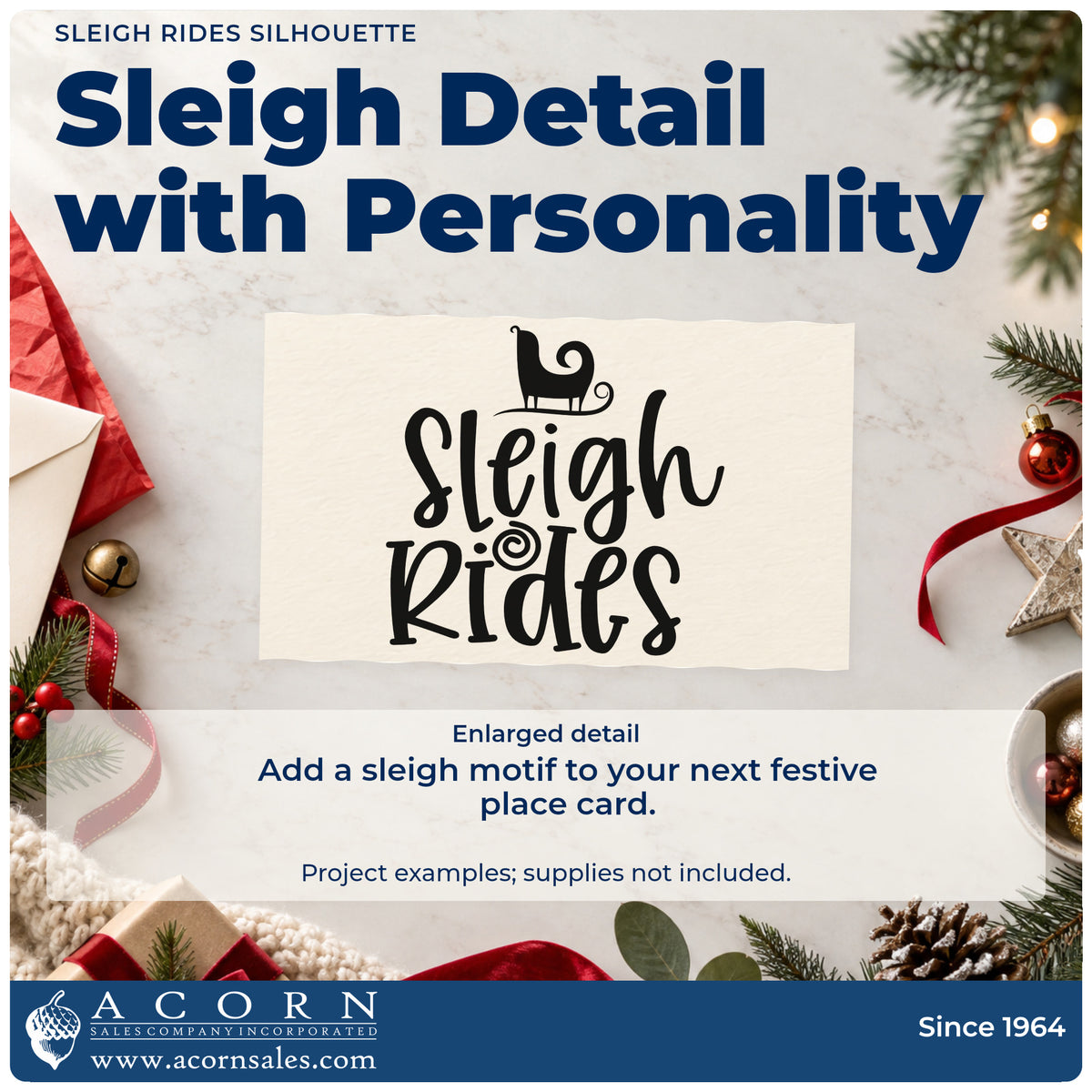Enlarged detail of the Sleigh Rides Silhouette Pre-Inked Stamp – PSI imprint. “Sleigh Rides” appears in large script beneath a small sleigh silhouette.