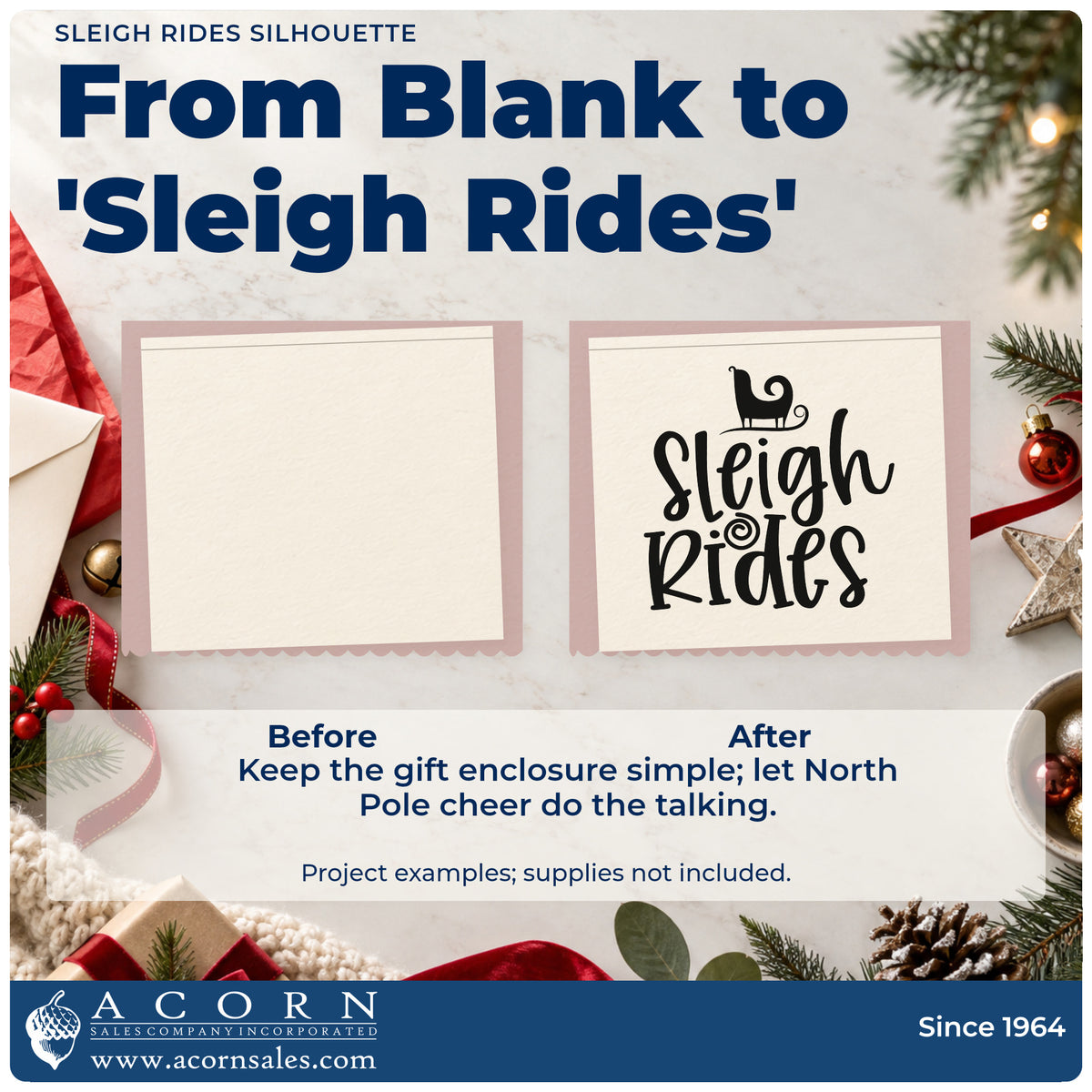 Before and after of a plain item finished with the Sleigh Rides Silhouette Self-Inking Stamp, a quick upgrade for framed barn office.