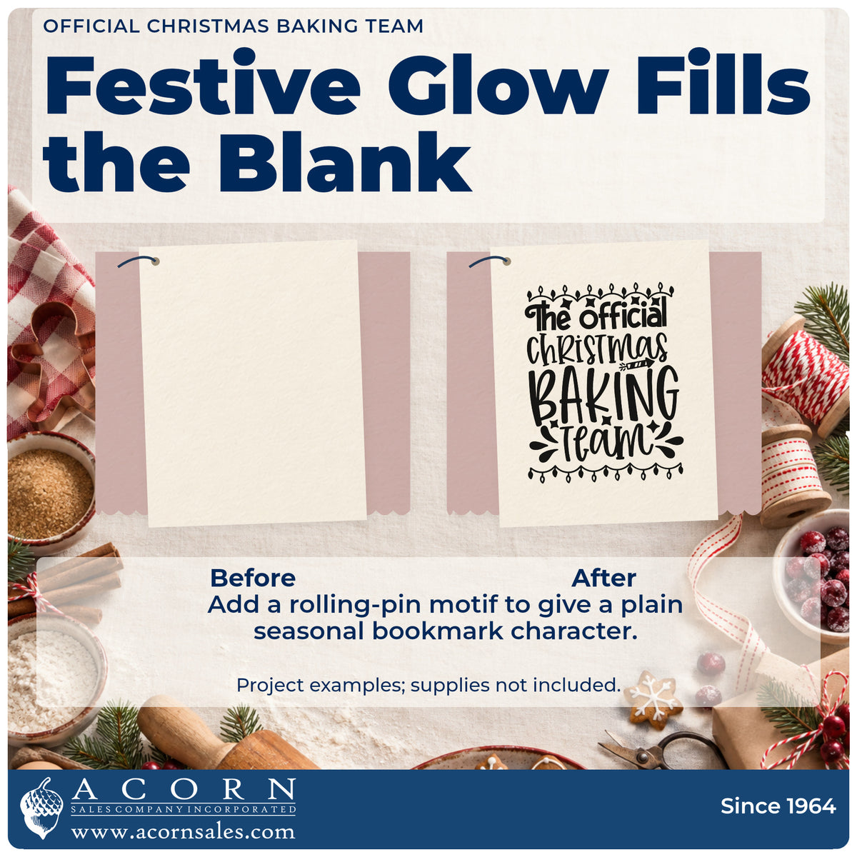 Before and after of a plain item finished with the Official Christmas Baking Team Pre-Inked Stamp – Slim, a quick upgrade for framed kitchen entry.