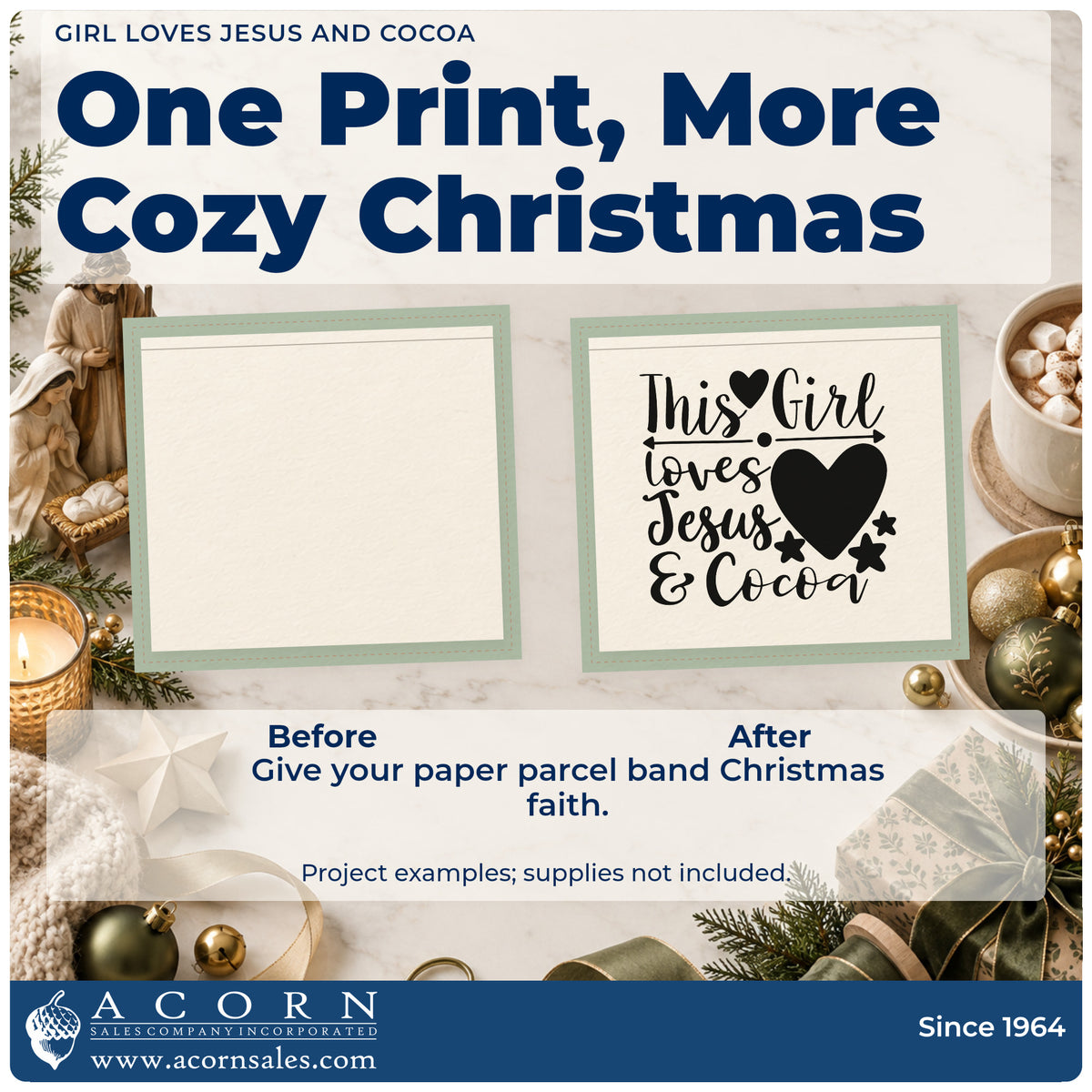 Before and after of a plain item finished with the Girl Loves Jesus And Cocoa Stamp – Self-Inking, a quick upgrade for mug cozy printing.