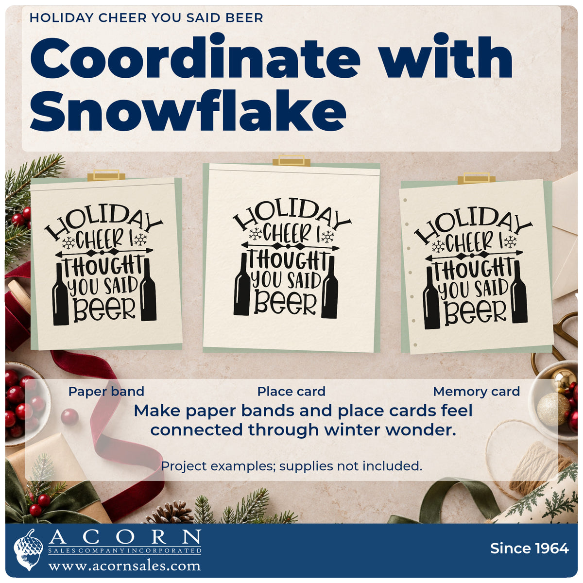 Three project examples made with the Holiday Cheer You Said Beer Self-Inking Stamp, including slip list sheet.