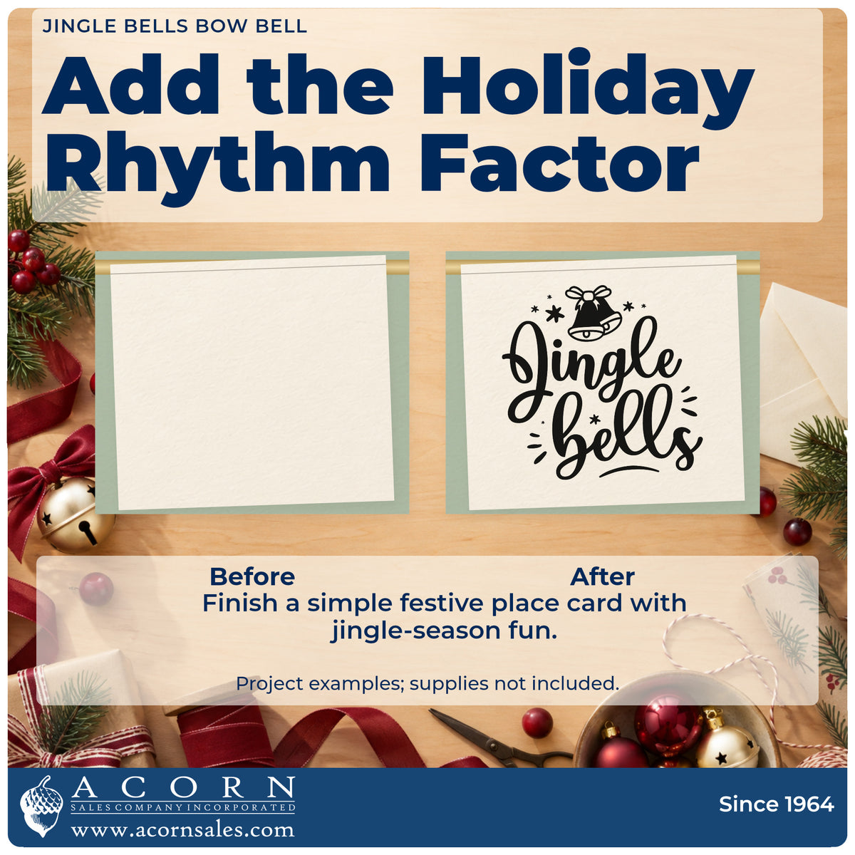 Before and after of a plain item finished with the Jingle Bells Bow Bell Slim Pre-Inked Stamp, a quick upgrade for framed door header.