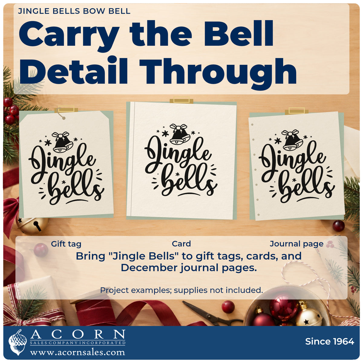 Three project examples made with the Jingle Bells Bow Bell Slim Pre-Inked Stamp, including craft count sheet.