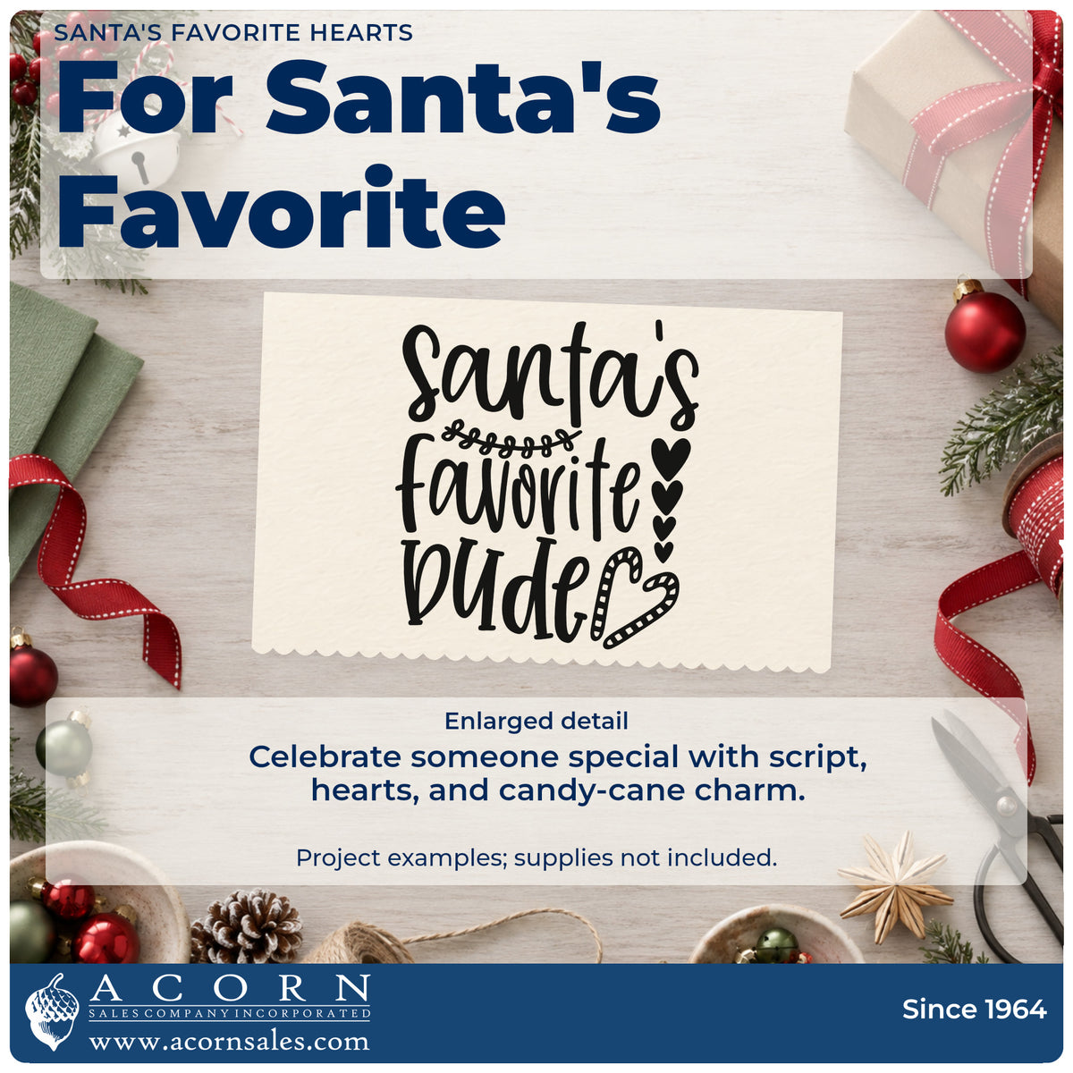 Enlarged detail of the Santa's Favorite Wife Premium Wooden Stamp – Vintage Pro imprint. “Santa's Favorite Wife” appears in large script with a curled flourish, stacked hearts, and a heart-shaped candy cane.