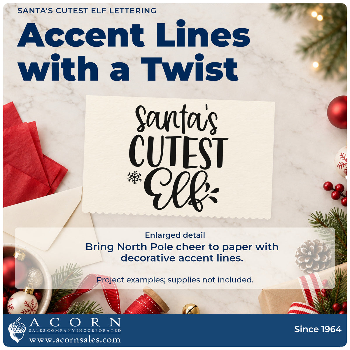 Enlarged detail of the Santa's Cutest Elf Lettering Premium Wooden Stamp – Vintage Pro imprint. The words "Santa's cutest elf" appear with a snowflake and small decorative strokes.