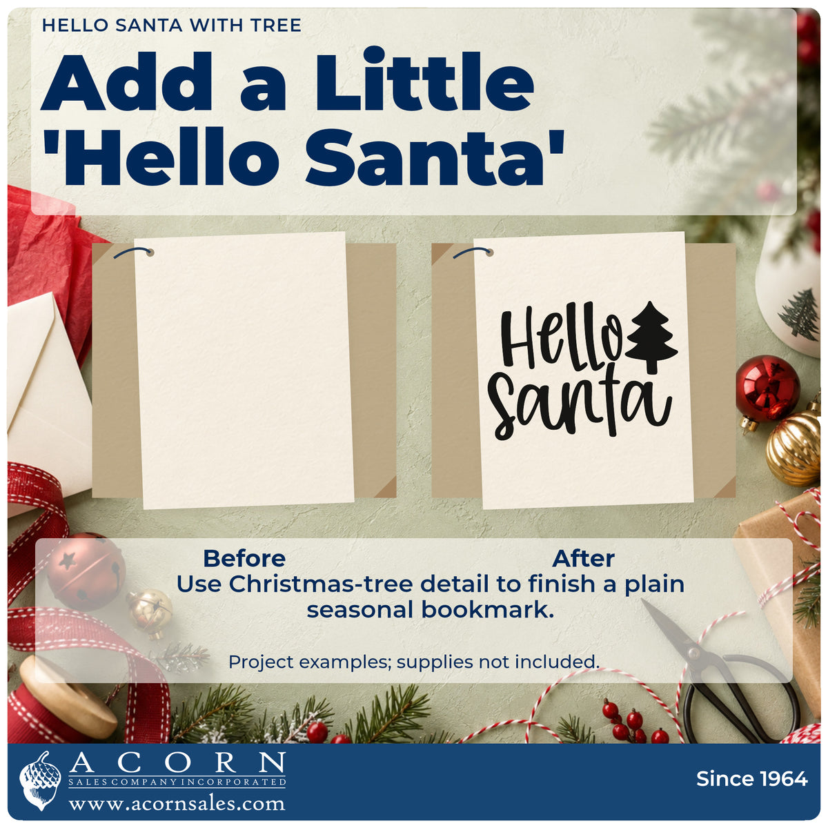Before and after of a plain item finished with the Hello Santa With Tree Stamp – Premium Vintage Pro Wooden, a quick upgrade for framed graphic print.