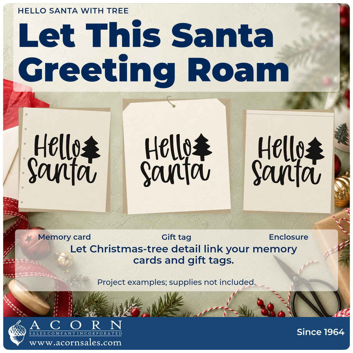 Three project examples made with the Duo Hand Hello Santa With Tree Rubber Stamp, including simple note sheet.