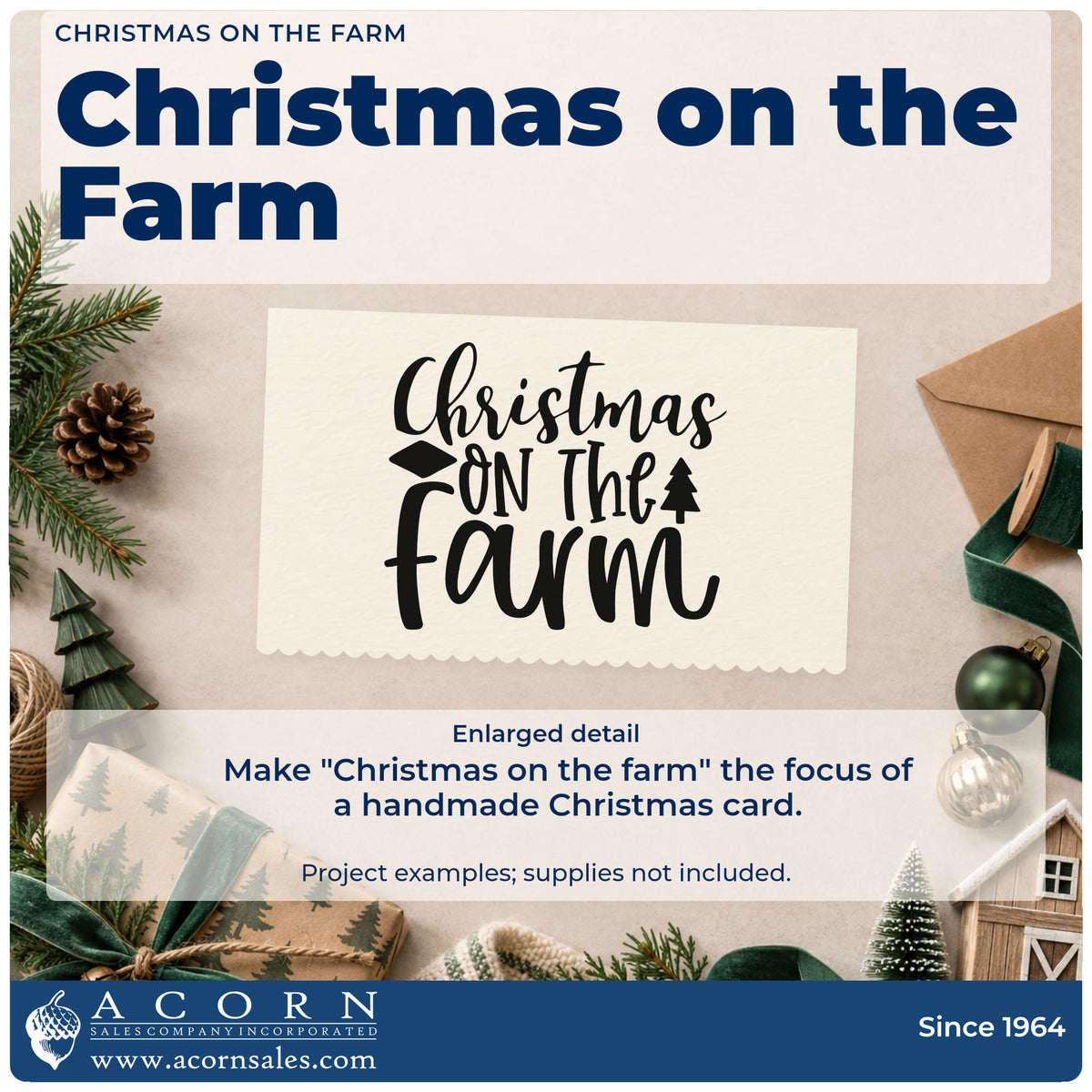 Enlarged detail of the Christmas On The Farm Compact Pre-Inked Stamp – Slim imprint. The words "Christmas on the farm" appear with a small tree and diamond accents.