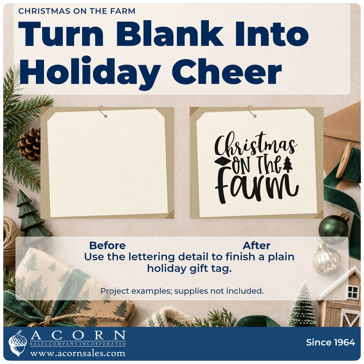 Before and after of a plain item finished with the Christmas On The Farm Compact Pre-Inked Stamp – Slim, a quick upgrade for framed milk house.